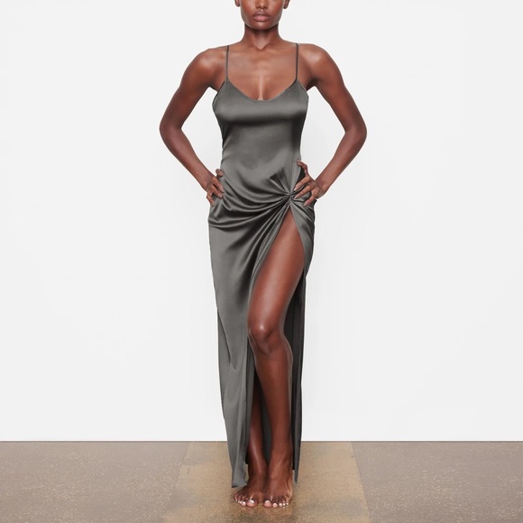 NWT: SKIMS: Silk Sleep Slip w/high slit—Gunmetal - Picture 1 of 5